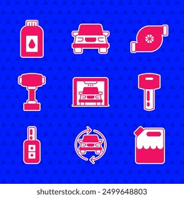 Set Car wash, service, Canister for gasoline, key with remote, Gear shifter, Automotive turbocharger and motor machine oil icon. Vector