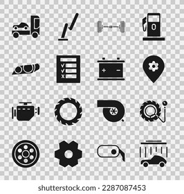 Ajuste Lavado de coches, manómetro de presión de neumáticos, Localización con servicio de coche, Chasis, inspección, faro, camión transportador e icono de batería. Vector