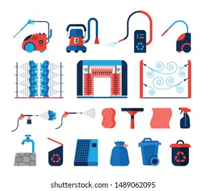 Set of car wash tools flat icons. Collection of icons presenting equipment used for car wash. 