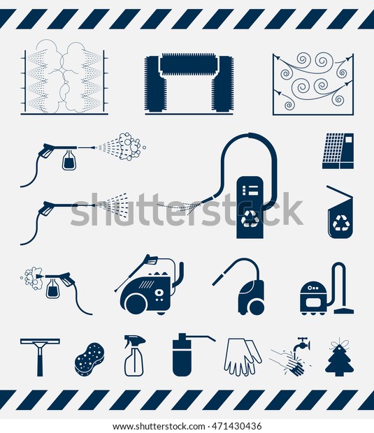 Set of car washing icons. Collection of\
icons presenting equipment used for car wash\
