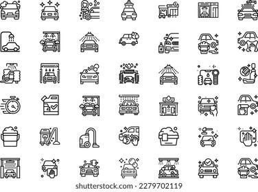 Set of car washing icons, washing service, car wash icon set, collection car washing elements, thin line illustrator