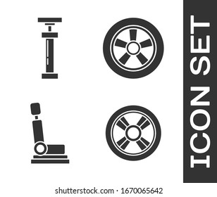 Set Car wheel, Car air pump, Car seat and Car wheel icon. Vector