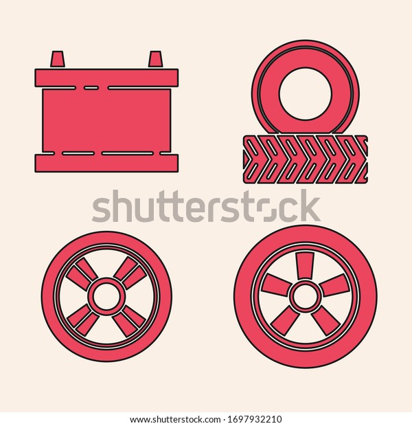 Set Car wheel, Car battery, Car wheel and Car\
wheel icon. Vector