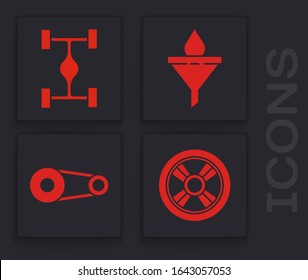 Set Car wheel, Chassis car, Funnel or filter and motor oil drop and Timing belt kit icon. Vector