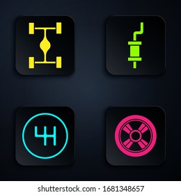 Set Car wheel, Chassis car, Gear shifter and Car muffler. Black square button. Vector