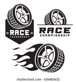 set of car wheel fire racing emblems logo  template isolated on white background  .