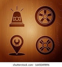Set Car wheel, Flasher siren, Car service and Car wheel on wooden background. Vector