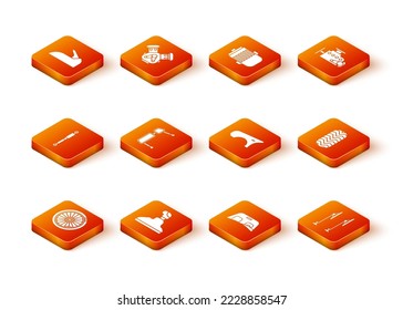 Set Car wheel, Gear shifter, Shock absorber, Truck side mirror, windscreen, fender, Windscreen wiper and tire icon. Vector