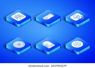 Set Car wheel, Gear shifter, door handle and Oil filler cap at gas station icon. Vector