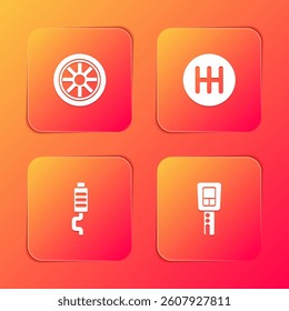 Set Car wheel, Gear shifter, muffler and key with remote icon. Vector