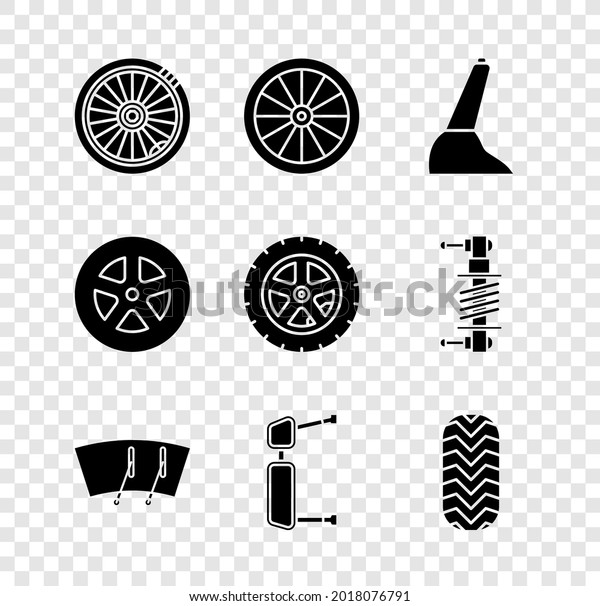 Set Car wheel, handbrake, Windscreen\
wiper, Truck side mirror, tire,  and  icon.\
Vector