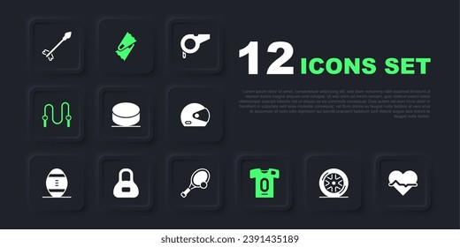 Set Car wheel, Heart rate, Hockey puck, Football jersey and t-shirt, Jump rope, Weight, Flippers for swimming and Tennis racket with icon. Vector