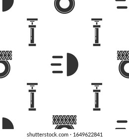 Set Car wheel, High beam and Car air pump on seamless pattern. Vector