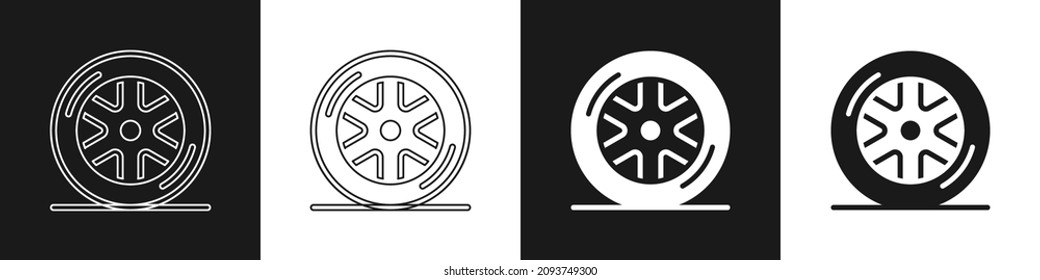 Set Car wheel icon isolated on black and white background.  Vector