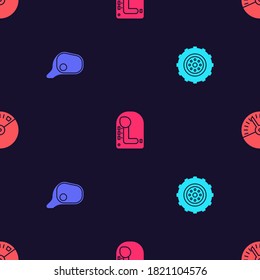 Set Car wheel, mirror, Gear shifter and Speedometer on seamless pattern. Vector.