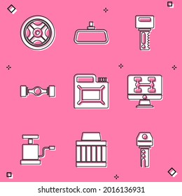 Set Car wheel, mirror, key with remote, Chassis car, Canister for motor oil, Diagnostics condition of, air pump and filter icon. Vector
