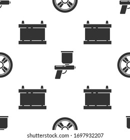 Ajuste la rueda de Camión, la pistola de pintura y la batería de Camión en un patrón transparente. Vector
