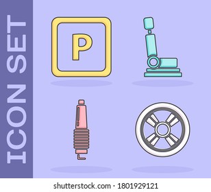 Ajuste la rueda del coche, el estacionamiento, la bujía de estacionamiento y el icono del asiento del automóvil. Vector