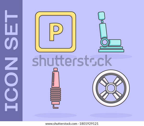 Set Car wheel, Parking, Car spark plug and Car\
seat icon. Vector