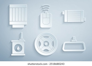 Set Car wheel, radiator cooling system, Canister for motor oil, mirror, key with remote and air filter icon. Vector