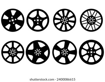 Set of car wheel rims. Different types of rims. Icon vector. 