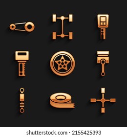 Set Car wheel, Scotch tape, Wheel wrench, Engine piston, Shock absorber, key with remote,  and Timing belt kit icon. Vector