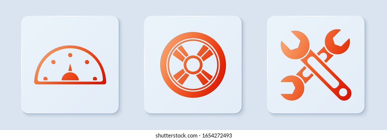 Set Car wheel, Speedometer and Wrench. White square button. Vector