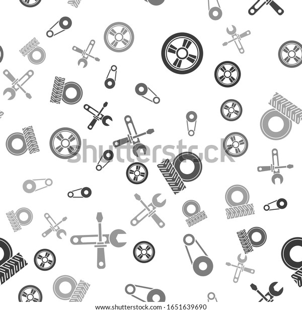 Set Car wheel, Timing\
belt kit, Car wheel and Screwdriver and wrench tools on seamless\
pattern. Vector