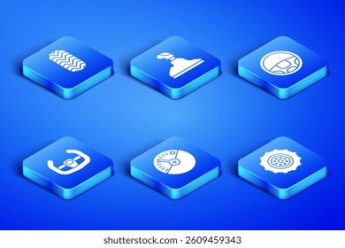 Set Car wheel, tire, Speedometer, Sport steering, Gear shifter and Steering icon. Vector