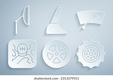 Set Car wheel, Windscreen wiper, Gear shifter, handbrake and  icon. Vector