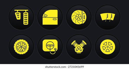 Set Autorad, Scheibenwischer, Öleinfülldeckel an Tankstelle, Motor, Bremsscheibe mit Sattel, Tür und Pedalsymbol. Vektorgrafik
