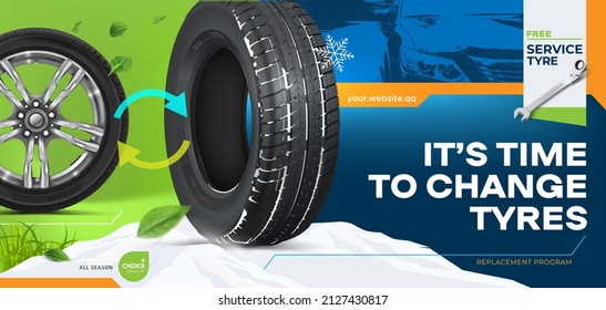 Set Of Car Wheels. Advertising Banner - Tire Change Summer, Winter. Seasonal Tire Service. The Wheel Is In The Snow. Tire In The Grass. Cycle Icon. Web Design. Flyer. Billboard. Sale. Discount Program