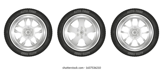 Set of car wheels. Collection of black tires and steel rim. Isolated over white background. Vector illustration