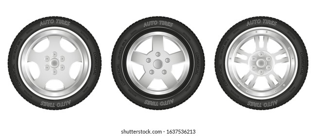 Set of car wheels. Collection of black tires and steel rim. Isolated over white background. Vector illustration