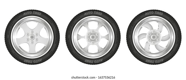 Set of car wheels. Collection of black tires and steel rim. Isolated over white background. Vector illustration