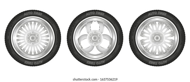 Set of car wheels. Collection of black tires and steel rim. Isolated over white background. Vector illustration