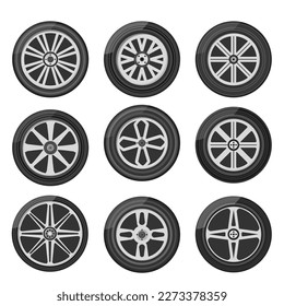 Set of car wheels icon. A wheel tyre for the car and the motorcycle and the truck and the SUV. Round and transportation, automobile equipment, vector illustration in flat design, eps 10.