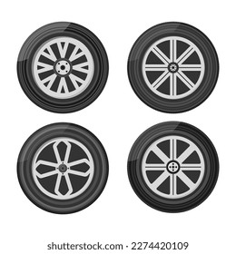 Set of car wheels icon. A wheel tyre for the car and the motorcycle and the truck and the SUV. Round and transportation, automobile equipment, vector illustration in flat design, eps 10.