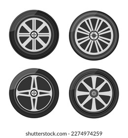 Set of car wheels icon. A wheel tyre for the car and the motorcycle and the truck and the SUV. Round and transportation, automobile equipment, vector illustration in flat design, eps 10.