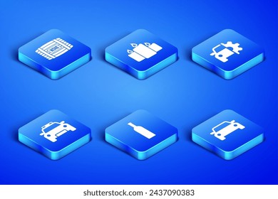 Set Car, Wooden barrel for wine, Bottle of, Police car and flasher, Burning candles and service icon. Vector svg
