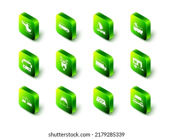 Set Car, Yacht sailboat, Oil tanker ship, Rv Camping trailer, Bus, Taxi car roof and Cruise icon. Vector