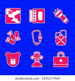 Set Carabiner, African tribe male, First aid kit, Canteen water bottle, Bear head, Cartridges, Flashlight and safari map icon. Vector