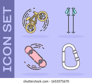 Set Carabiner, Bicycle trick, Skateboard trick and Ski poles icon. Vector