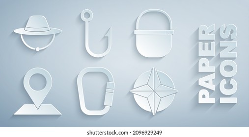Set Carabiner, Camping pot, Location, Wind rose, Fishing hook and hat icon. Vector