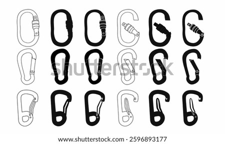 set of carabiner clip vector illustrations in outline, silhouette, and detailed styles. Ideal for climbing, hiking, outdoor gear, adventure, and safety equipment designs.