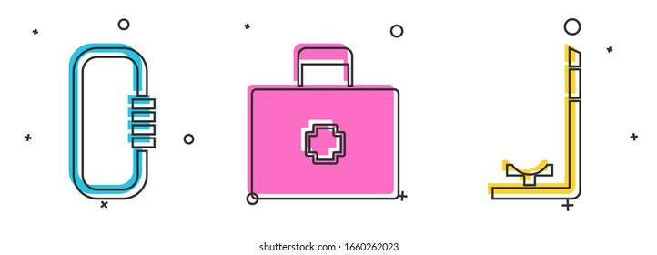 Set Carabiner, First aid kit and Snorkel icon. Vector