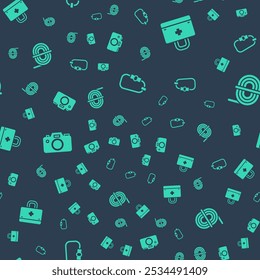 Set Carabiner, First aid kit, Photo camera and Climber rope on seamless pattern. Vector