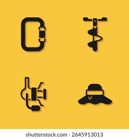 Set Carabiner, Fisherman hat, Spinning reel for fishing and Hand ice drill icon with long shadow. Vector
