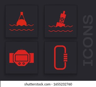 Set Carabiner, Floating buoy on the sea, Floating buoy on the sea and Diving watch icon. Vector