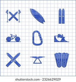 Set Carabiner, Hang glider, Rubber flippers for swimming, Bicycle on street ramp, Ski and sticks,  and  icon. Vector